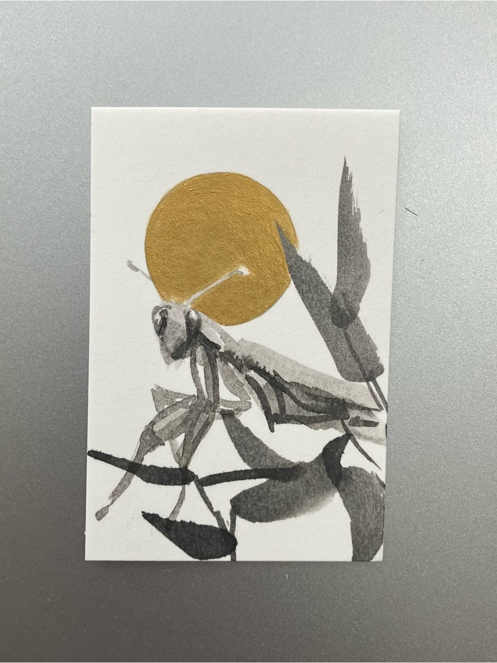 Original praying mantis painting miniature realism art Sumi-e style ink gift
